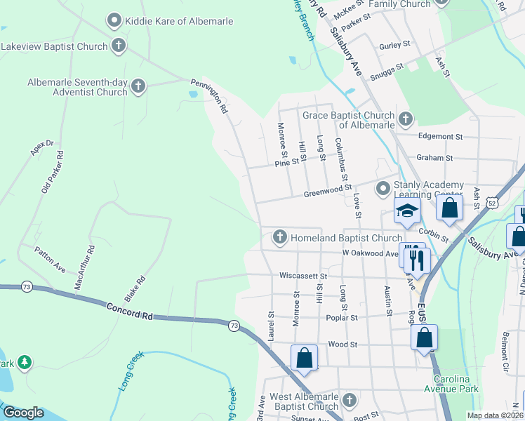 map of restaurants, bars, coffee shops, grocery stores, and more near 1110 Pennington Road in Albemarle