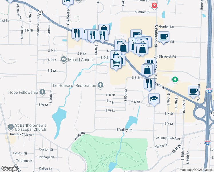 map of restaurants, bars, coffee shops, grocery stores, and more near 4708 South T Circle in Fort Smith
