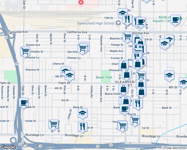 map of restaurants, bars, coffee shops, grocery stores, and more near 520 Holtby Road in Bakersfield
