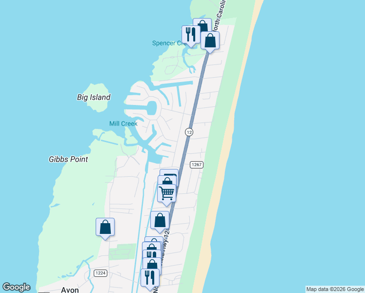map of restaurants, bars, coffee shops, grocery stores, and more near 39916 North Carolina 12 in Avon