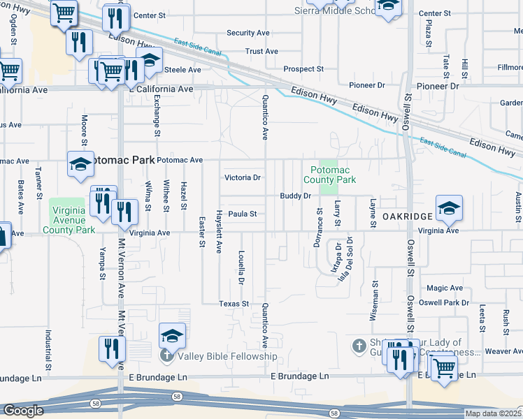 map of restaurants, bars, coffee shops, grocery stores, and more near 2628 Paula Street in Bakersfield