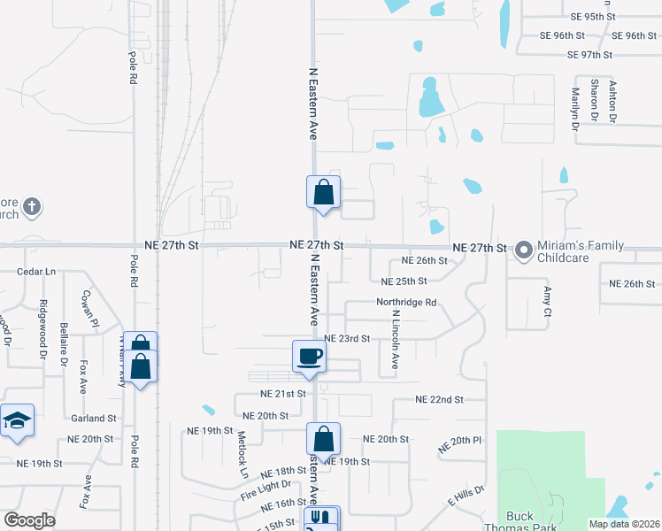 map of restaurants, bars, coffee shops, grocery stores, and more near 2604 Thomas Drive in Moore
