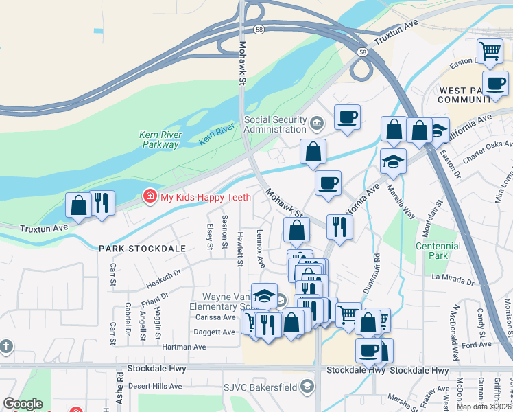 map of restaurants, bars, coffee shops, grocery stores, and more near 904 Hewlett Street in Bakersfield