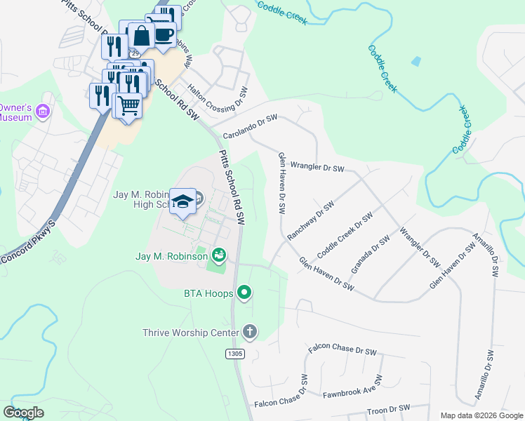 map of restaurants, bars, coffee shops, grocery stores, and more near 255-265 Pitts School Road Southwest in Concord