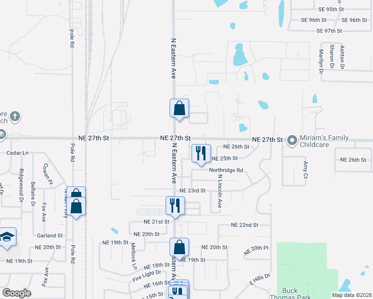 map of restaurants, bars, coffee shops, grocery stores, and more near 2604 Thomas Drive in Moore