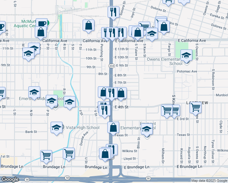 map of restaurants, bars, coffee shops, grocery stores, and more near 103 East 6th Street in Bakersfield