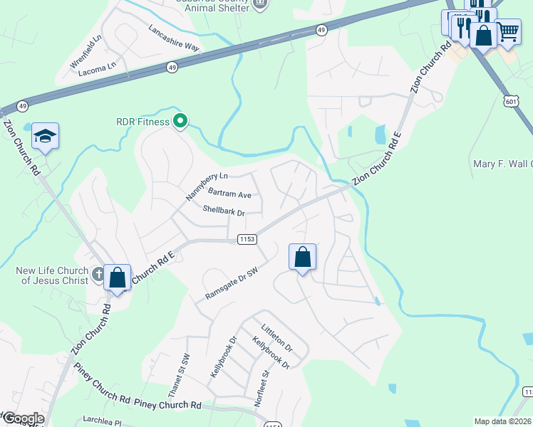 map of restaurants, bars, coffee shops, grocery stores, and more near 3899 Quiet Stream Drive in Concord