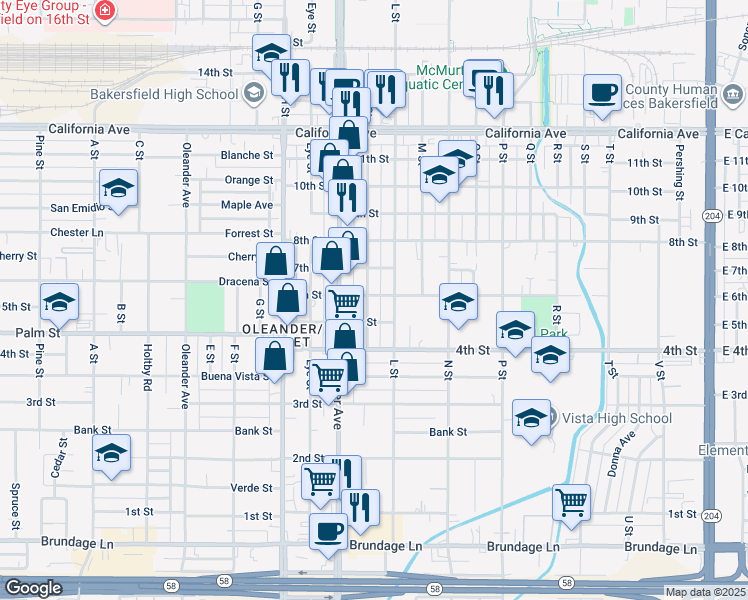 map of restaurants, bars, coffee shops, grocery stores, and more near 530 K Street in Bakersfield