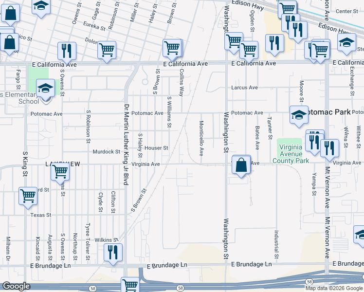 map of restaurants, bars, coffee shops, grocery stores, and more near 417 Powell Lane in Bakersfield