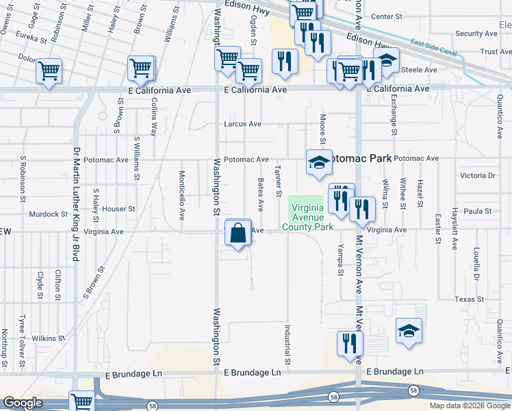 map of restaurants, bars, coffee shops, grocery stores, and more near 516 Bates Ave in Bakersfield