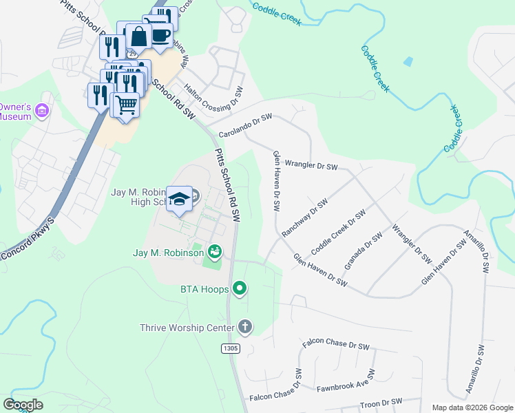 map of restaurants, bars, coffee shops, grocery stores, and more near 255-265 Pitts School Road Southwest in Concord