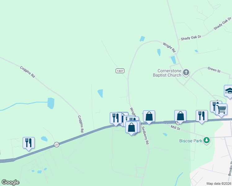 map of restaurants, bars, coffee shops, grocery stores, and more near 305 Wright Road in Biscoe