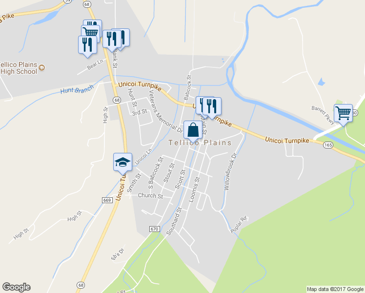 map of restaurants, bars, coffee shops, grocery stores, and more near 113 Stout Street in Tellico Plains