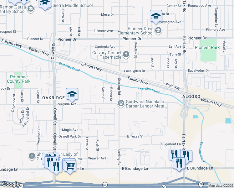 map of restaurants, bars, coffee shops, grocery stores, and more near 222 Sterling Road in Bakersfield