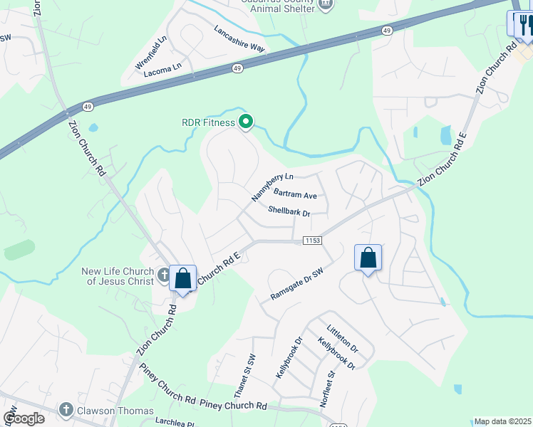 map of restaurants, bars, coffee shops, grocery stores, and more near 664 Shellbark Drive in Concord