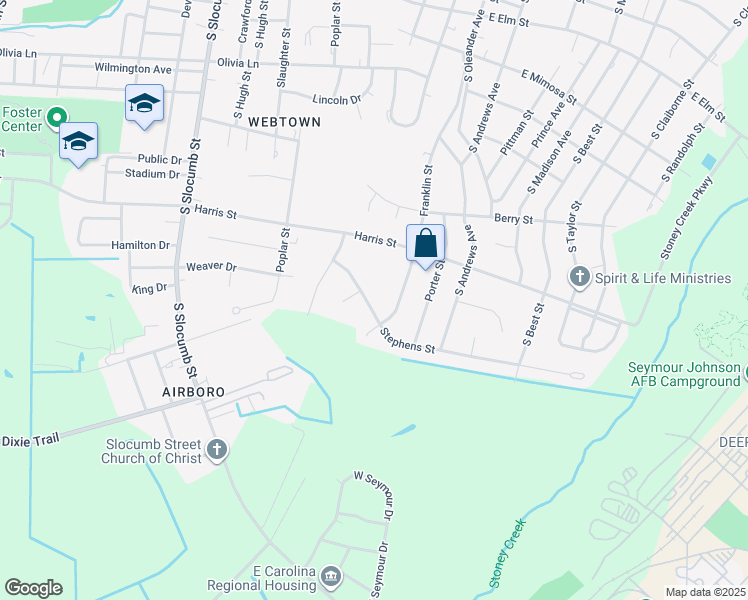 map of restaurants, bars, coffee shops, grocery stores, and more near 1205 Stephens St in Goldsboro
