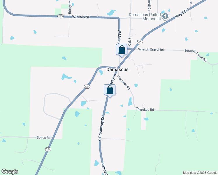 map of restaurants, bars, coffee shops, grocery stores, and more near 62 U.S. 65 in Damascus