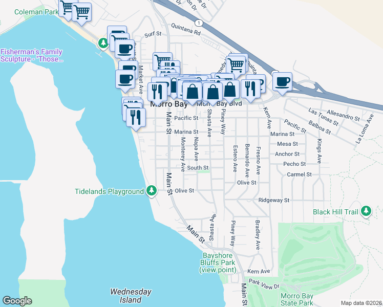 map of restaurants, bars, coffee shops, grocery stores, and more near 527 Napa Avenue in Morro Bay