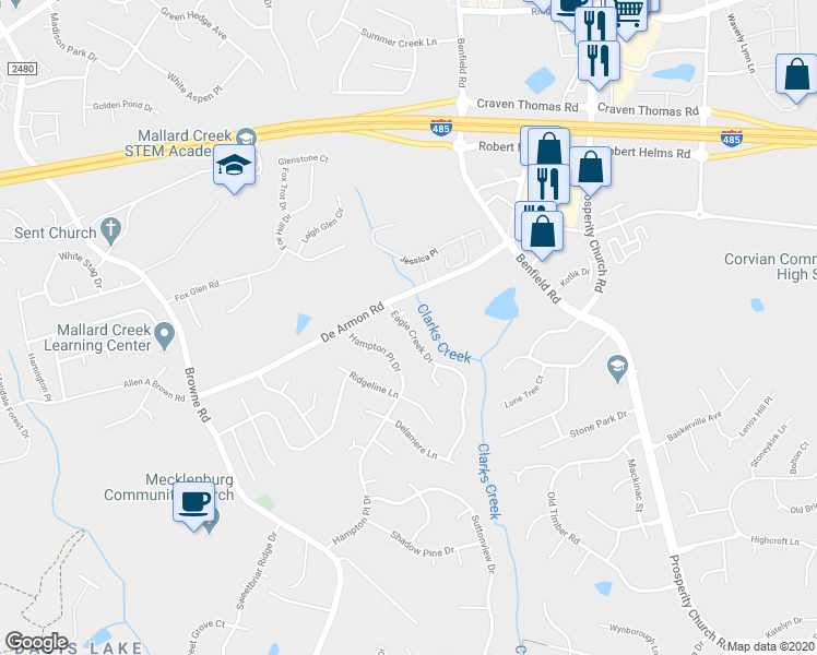 map of restaurants, bars, coffee shops, grocery stores, and more near 5205 Eagle Creek Dr in Charlotte
