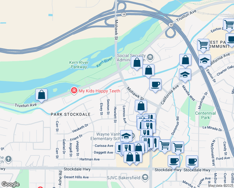 map of restaurants, bars, coffee shops, grocery stores, and more near 904 Hewlett Street in Bakersfield