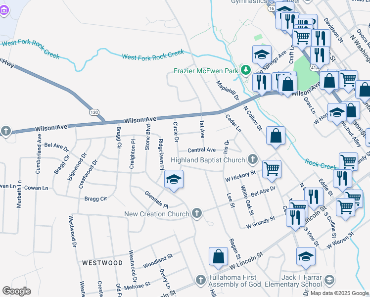 map of restaurants, bars, coffee shops, grocery stores, and more near 34 Central Avenue in Tullahoma