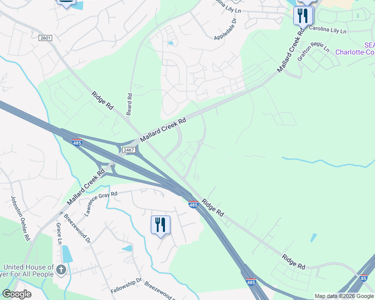 map of restaurants, bars, coffee shops, grocery stores, and more near 2311 Odell School Road in Charlotte
