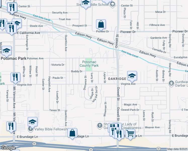 map of restaurants, bars, coffee shops, grocery stores, and more near 505 Larry Street in Bakersfield