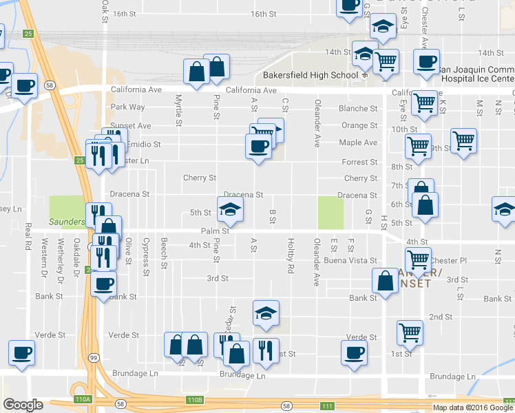 map of restaurants, bars, coffee shops, grocery stores, and more near 510 A Street in Bakersfield