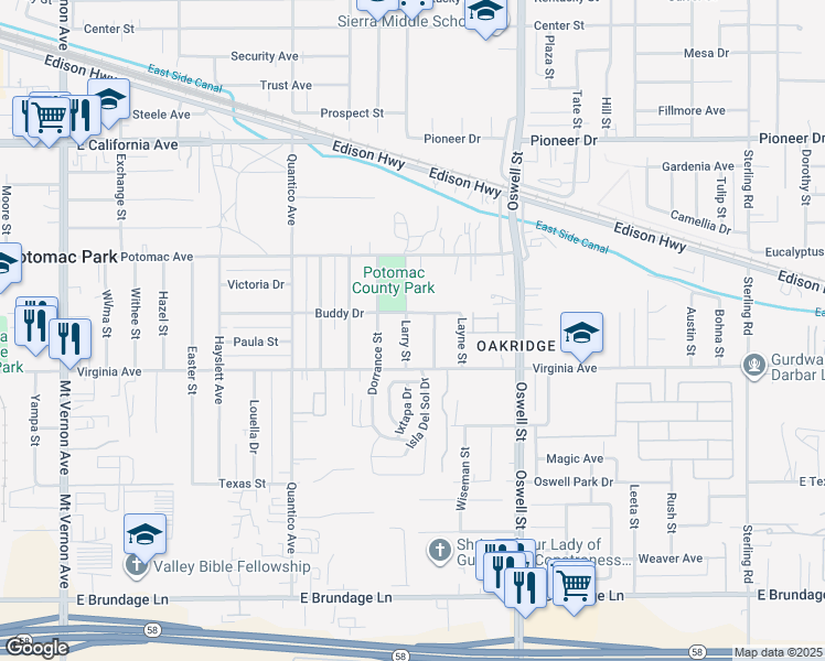 map of restaurants, bars, coffee shops, grocery stores, and more near 505 Larry Street in Bakersfield