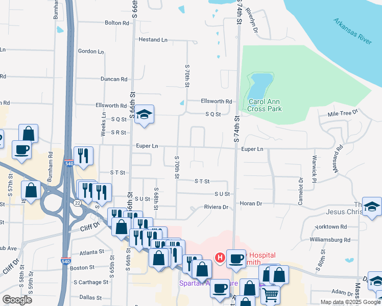 map of restaurants, bars, coffee shops, grocery stores, and more near 2008 South 71st Street in Fort Smith