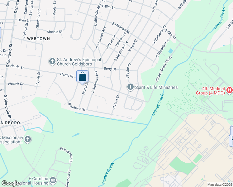 map of restaurants, bars, coffee shops, grocery stores, and more near 1200 South Best Street in Goldsboro