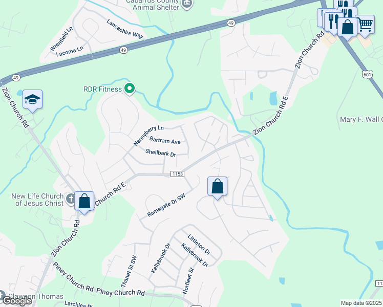 map of restaurants, bars, coffee shops, grocery stores, and more near 3801 Quiet Stream Drive in Concord