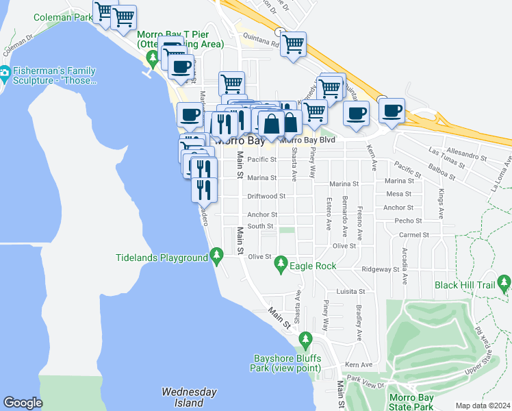 map of restaurants, bars, coffee shops, grocery stores, and more near 527 Monterey Avenue in Morro Bay
