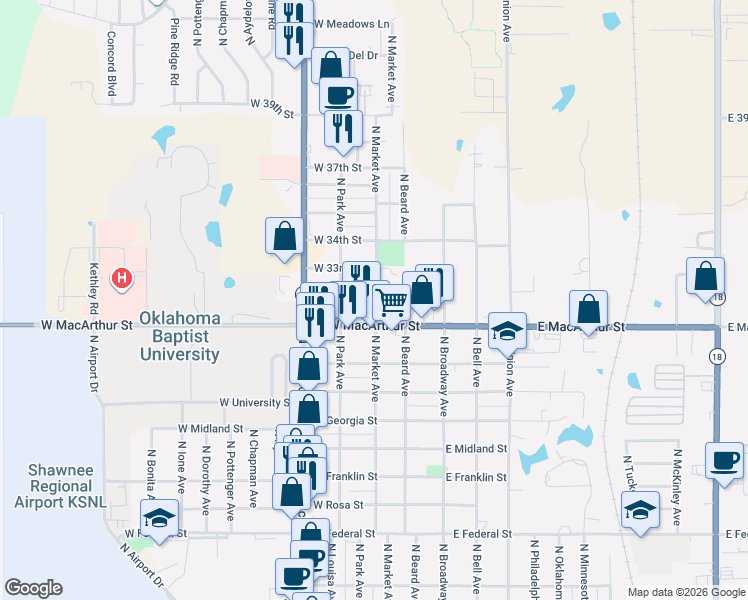 map of restaurants, bars, coffee shops, grocery stores, and more near 315 West 32nd Street in Shawnee