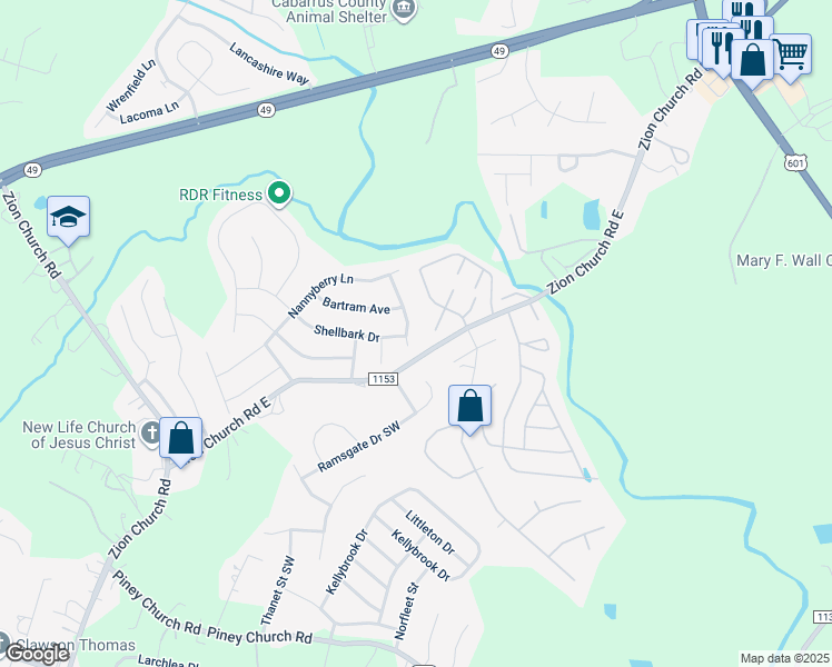 map of restaurants, bars, coffee shops, grocery stores, and more near 3801 Quiet Stream Drive in Concord