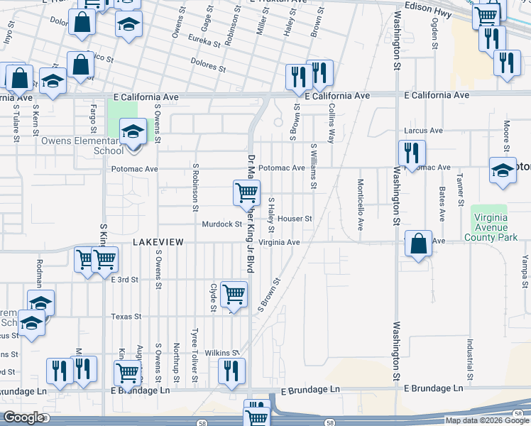 map of restaurants, bars, coffee shops, grocery stores, and more near 506 South Haley Street in Bakersfield