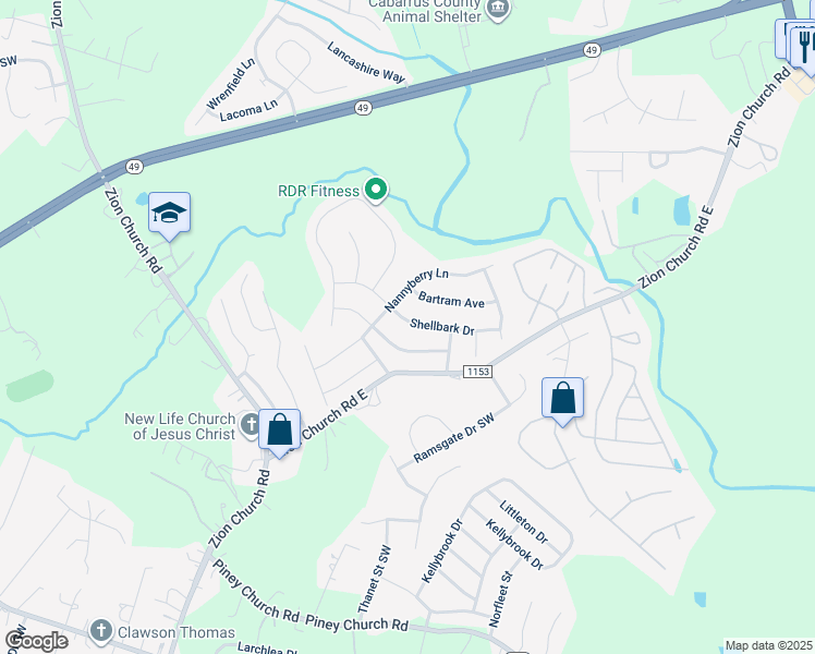 map of restaurants, bars, coffee shops, grocery stores, and more near 664 Shellbark Drive in Concord