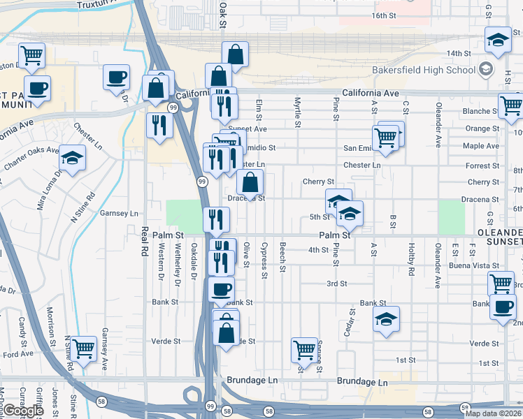 map of restaurants, bars, coffee shops, grocery stores, and more near 514 Olive Street in Bakersfield