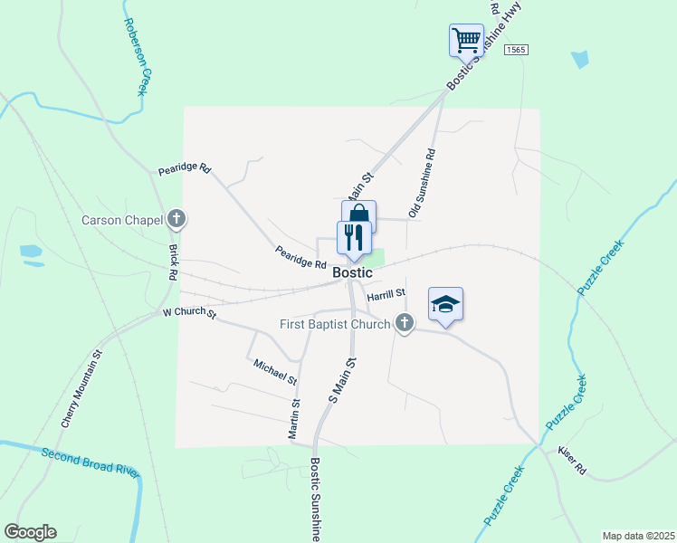 map of restaurants, bars, coffee shops, grocery stores, and more near 119 Pearidge Road in Bostic