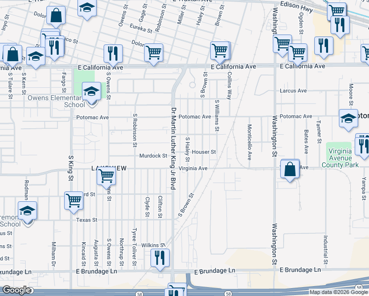 map of restaurants, bars, coffee shops, grocery stores, and more near 506 South Haley Street in Bakersfield