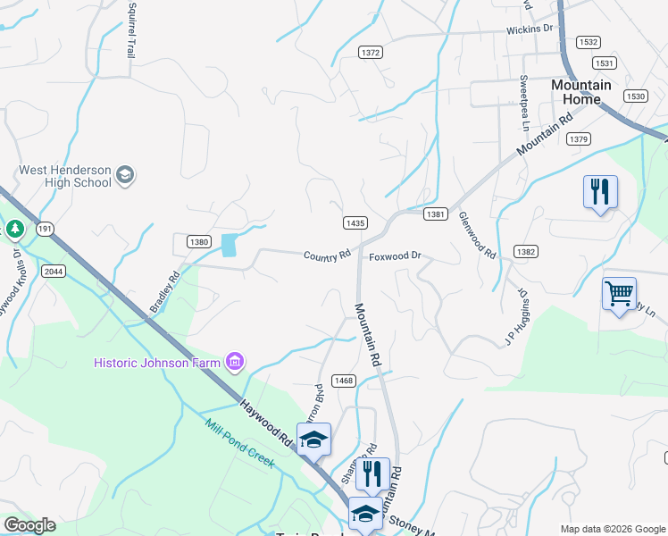 map of restaurants, bars, coffee shops, grocery stores, and more near 3 Country Road in Hendersonville