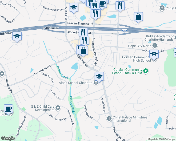 map of restaurants, bars, coffee shops, grocery stores, and more near 12525 Loganville Drive in Charlotte