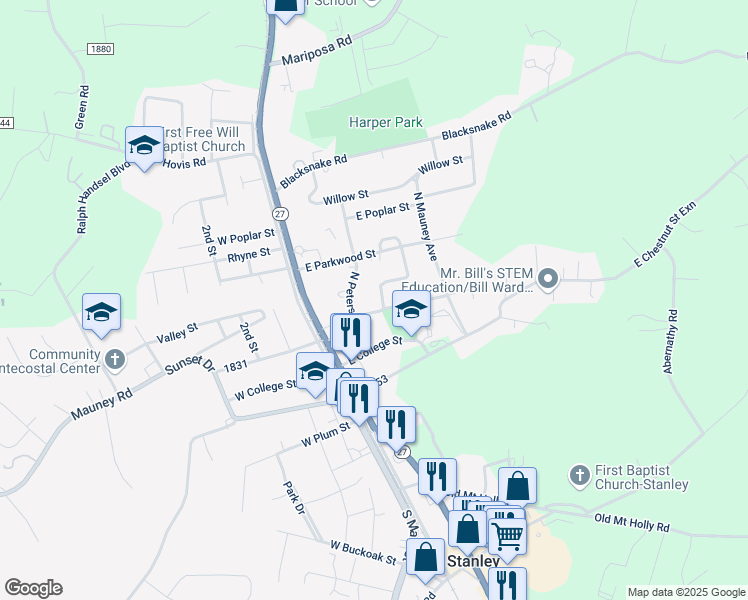 map of restaurants, bars, coffee shops, grocery stores, and more near 303 East Brevard Street in Stanley