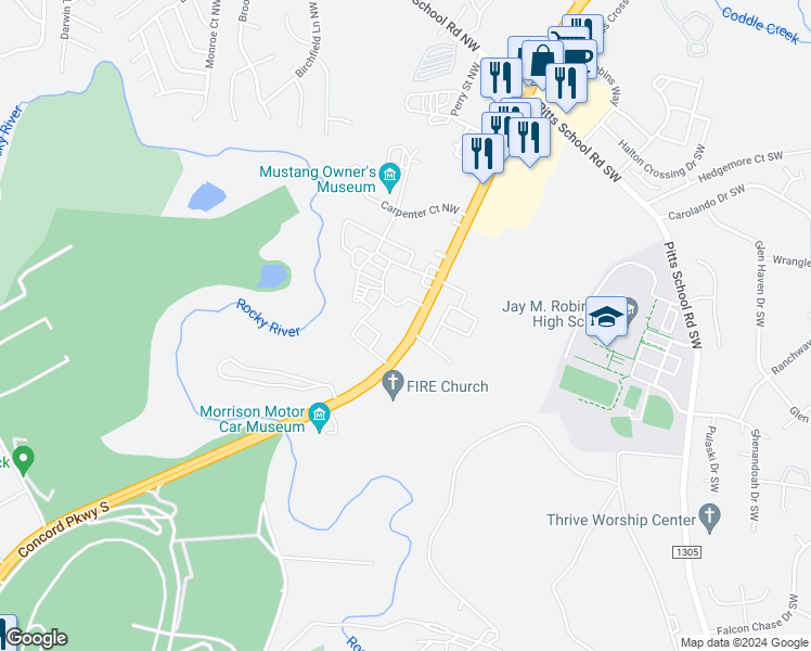 map of restaurants, bars, coffee shops, grocery stores, and more near 4250 Concord Parkway South in Concord