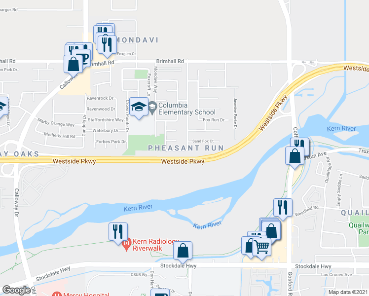 map of restaurants, bars, coffee shops, grocery stores, and more near 401 Harvest Creek Road in Bakersfield