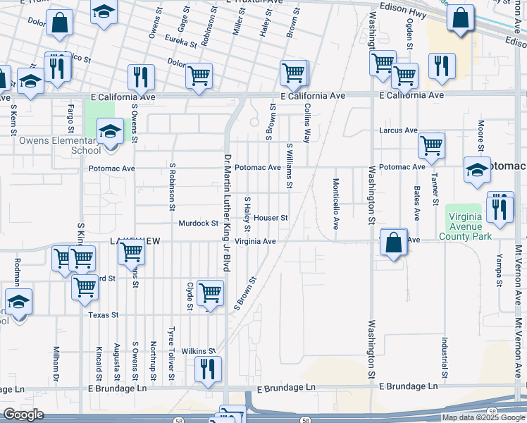map of restaurants, bars, coffee shops, grocery stores, and more near 500 South Brown Street in Bakersfield