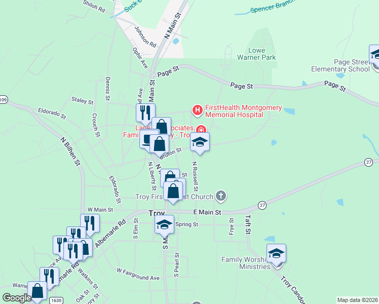 map of restaurants, bars, coffee shops, grocery stores, and more near 333 North Russell Street in Troy