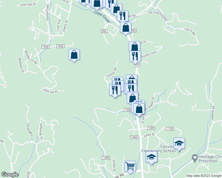 map of restaurants, bars, coffee shops, grocery stores, and more near 200 Connor Road in Sylva