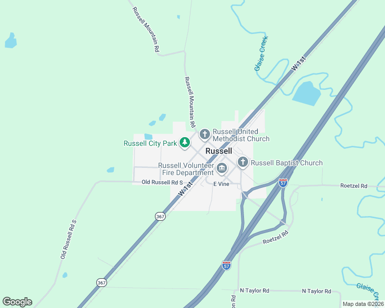 map of restaurants, bars, coffee shops, grocery stores, and more near 211 West 2nd Street in Russell
