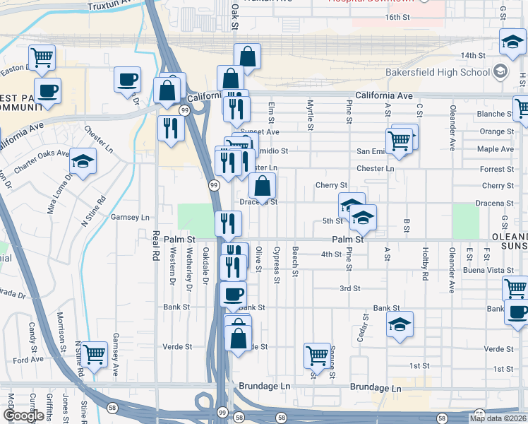 map of restaurants, bars, coffee shops, grocery stores, and more near 520 Olive Street in Bakersfield